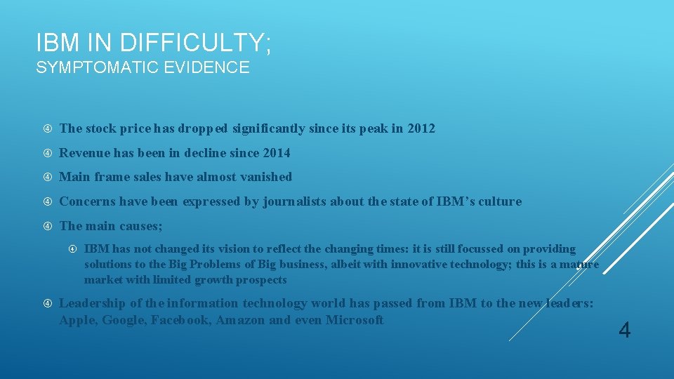 IBM IN DIFFICULTY; SYMPTOMATIC EVIDENCE The stock price has dropped significantly since its peak