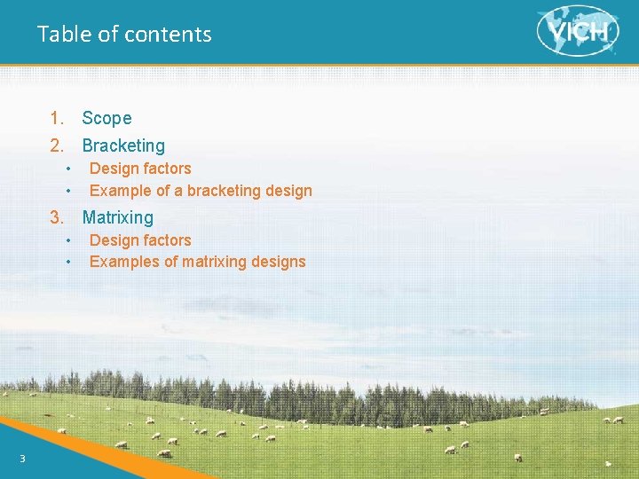 Table of contents 1. Scope 2. Bracketing • • Design factors Example of a Table of contents 1. Scope 2. Bracketing • • Design factors Example of a