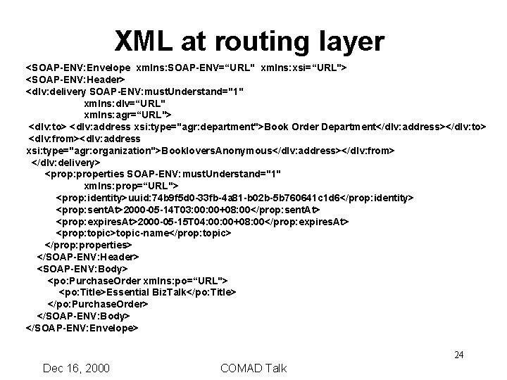 XML at routing layer <SOAP-ENV: Envelope xmlns: SOAP-ENV=“URL" xmlns: xsi=“URL"> <SOAP-ENV: Header> <dlv: delivery