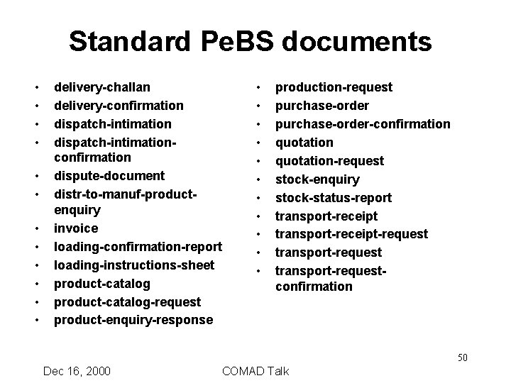 Standard Pe. BS documents • • • delivery-challan delivery-confirmation dispatch-intimationconfirmation dispute-document distr-to-manuf-productenquiry invoice loading-confirmation-report