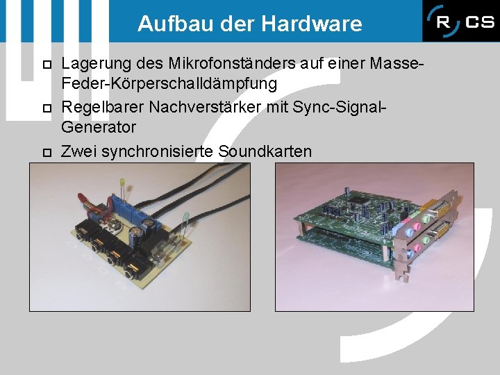 Aufbau der Hardware o o o Lagerung des Mikrofonständers auf einer Masse. Feder-Körperschalldämpfung Regelbarer