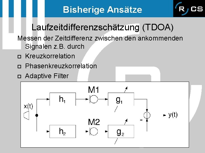 Bisherige Ansätze Laufzeitdifferenzschätzung (TDOA) Messen der Zeitdifferenz zwischen den ankommenden Signalen z. B. durch