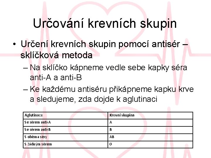 Určování krevních skupin • Určení krevních skupin pomocí antisér – sklíčková metoda – Na