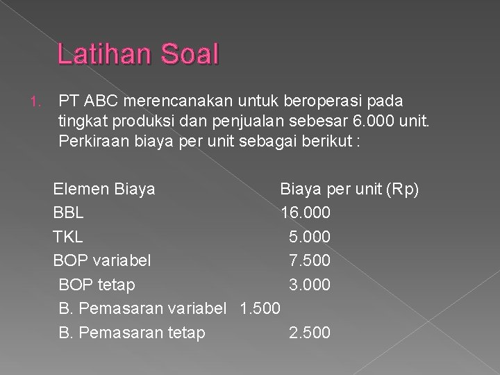 Latihan Soal 1. PT ABC merencanakan untuk beroperasi pada tingkat produksi dan penjualan sebesar