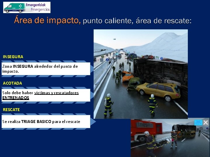 INSEGURA Zona INSEGURA alrededor del punto de impacto. ACOTADA Solo debe haber víctimas y