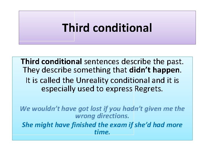 Third conditional sentences describe the past. They describe something that didn’t happen. It is