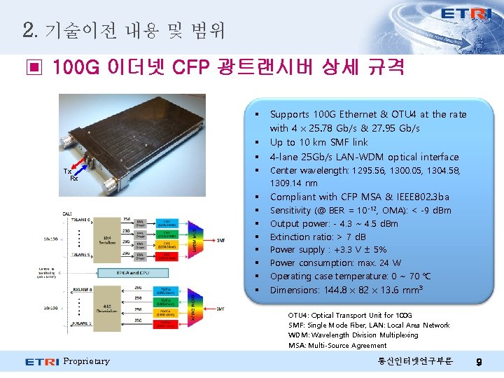 2. 기술이전 내용 및 범위 ▣ 100 G 이더넷 CFP 광트랜시버 상세 규격 §