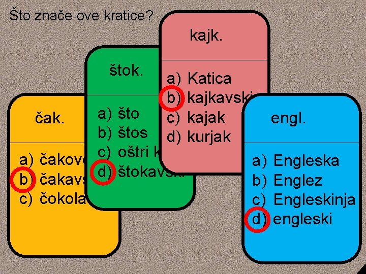 Što znače ove kratice? kajk. štok. a) b) c) a) čakovečki b) čakavskid) c)