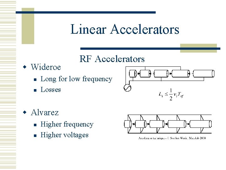 Linear Accelerators w Wideroe n n RF Accelerators Long for low frequency Losses w