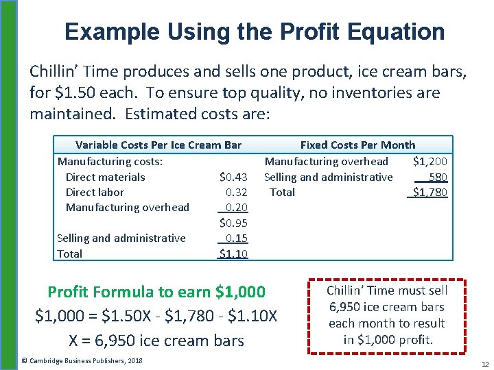 Example Using the Profit Equation Chillin’ Time produces and sells one product, ice cream
