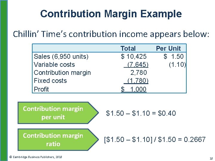 Contribution Margin Example Chillin’ Time’s contribution income appears below: Sales (6, 950 units) Variable