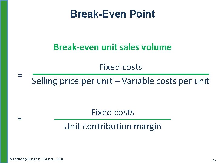 Break-Even Point Break-even unit sales volume = Fixed costs Selling price per unit –