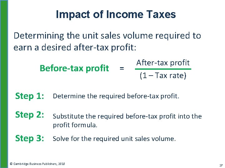 Impact of Income Taxes Determining the unit sales volume required to earn a desired