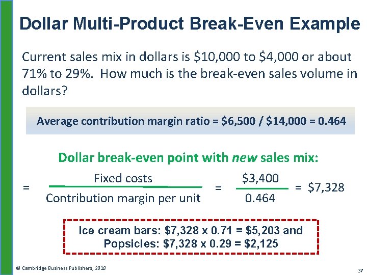 Dollar Multi-Product Break-Even Example Current sales mix in dollars is $10, 000 to $4,