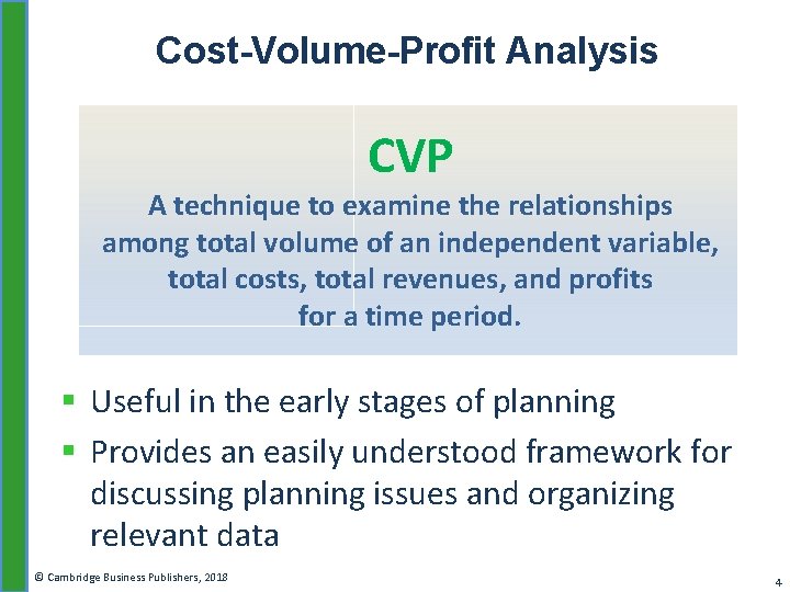 Cost-Volume-Profit Analysis CVP A technique to examine the relationships among total volume of an