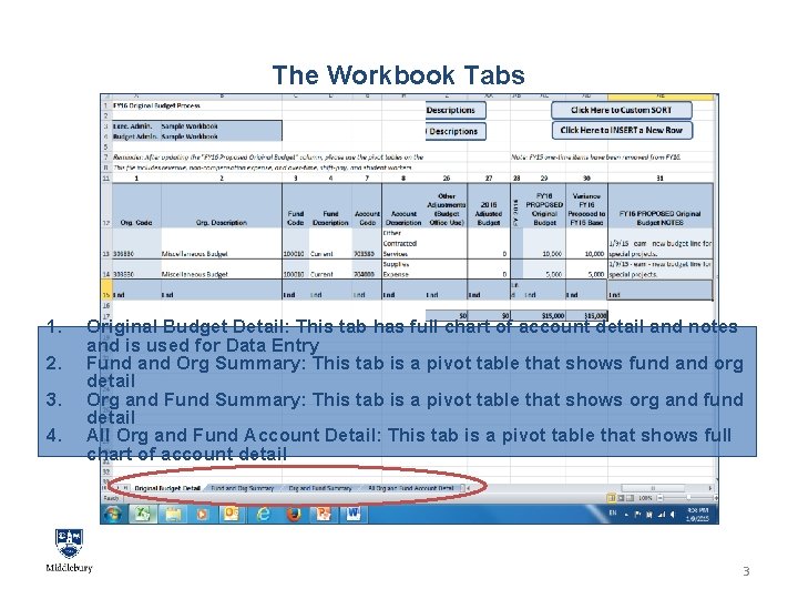 The Workbook Tabs 1. 2. 3. 4. Original Budget Detail: This tab has full