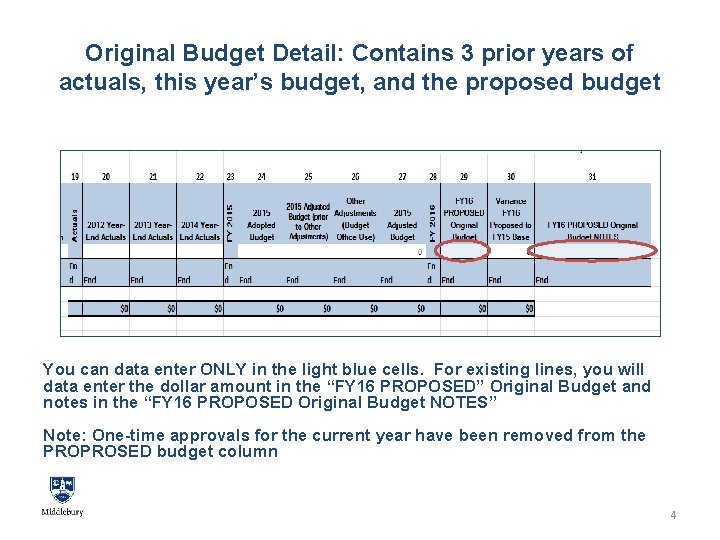 Original Budget Detail: Contains 3 prior years of actuals, this year’s budget, and the