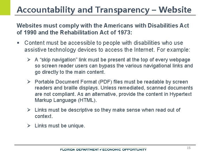 Accountability and Transparency – Websites must comply with the Americans with Disabilities Act of