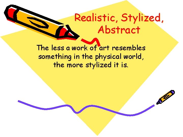 Realistic, Stylized, Abstract The less a work of art resembles something in the physical