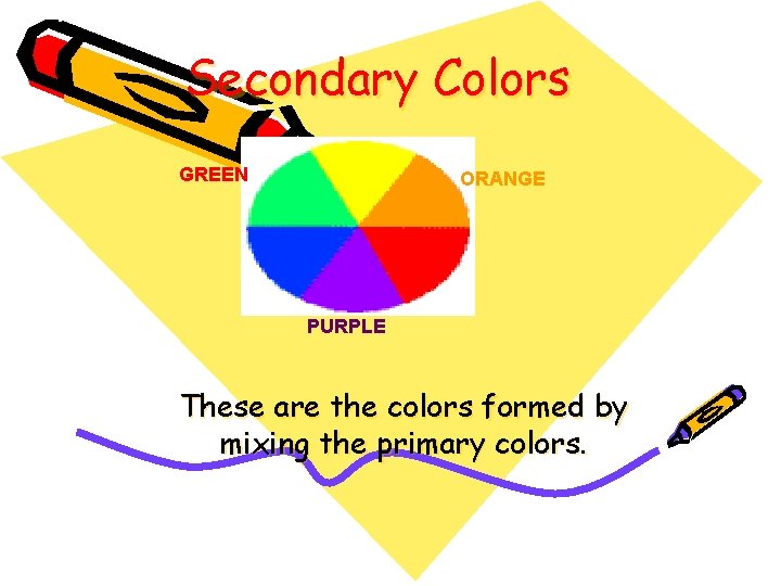 Secondary Colors GREEN ORANGE PURPLE These are the colors formed by mixing the primary