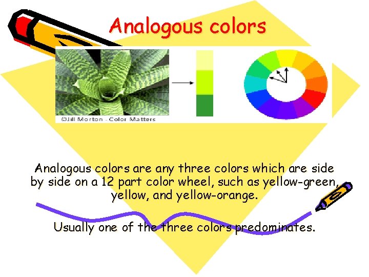 Analogous colors are any three colors which are side by side on a 12