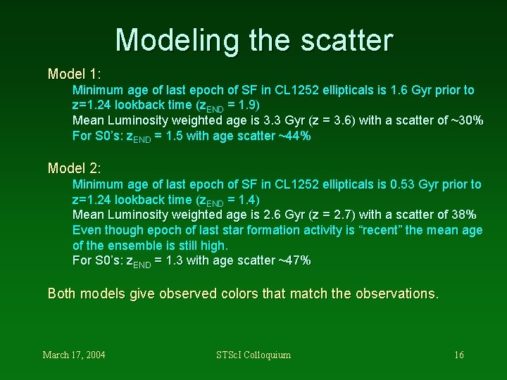 Modeling the scatter Model 1: Minimum age of last epoch of SF in CL