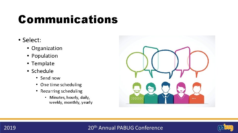 Communications • Select: • • Organization Population Template Schedule • Send now • One