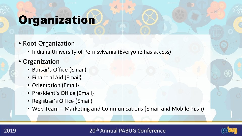 Organization • Root Organization • Indiana University of Pennsylvania (Everyone has access) • Organization
