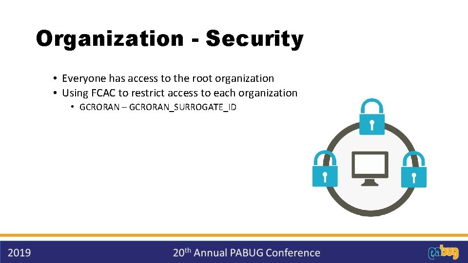 Organization - Security • Everyone has access to the root organization • Using FCAC
