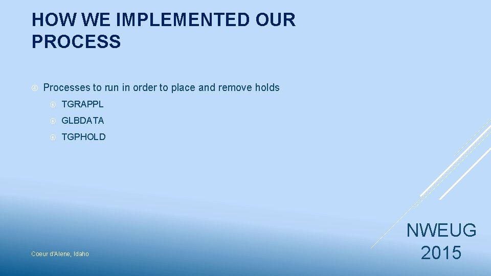 HOW WE IMPLEMENTED OUR PROCESS Processes to run in order to place and remove