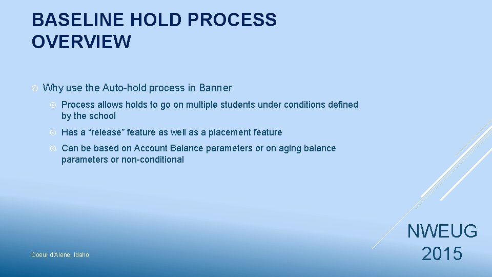 BASELINE HOLD PROCESS OVERVIEW Why use the Auto-hold process in Banner Process allows holds