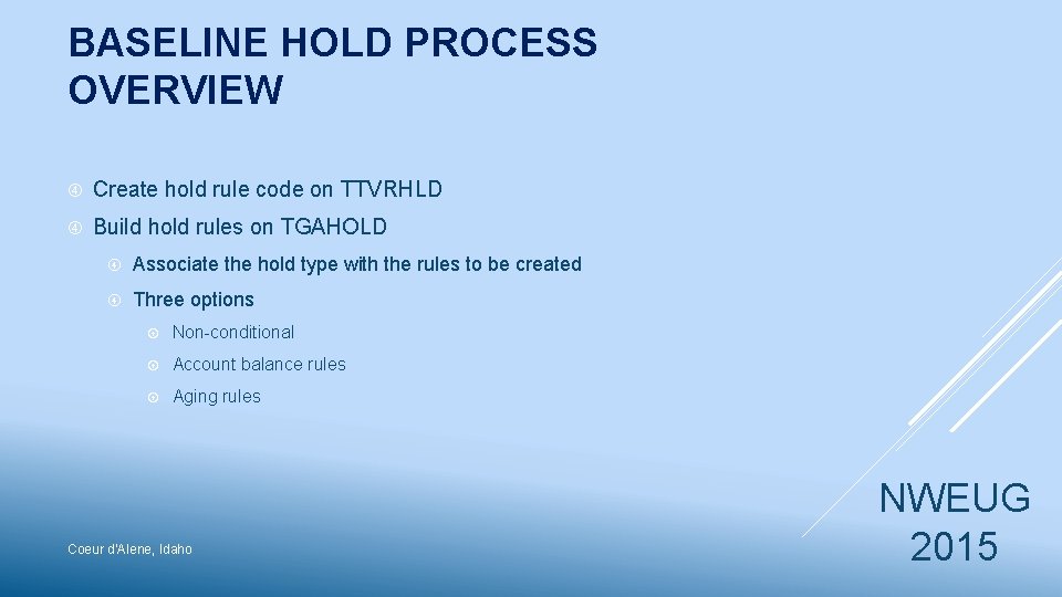 BASELINE HOLD PROCESS OVERVIEW Create hold rule code on TTVRHLD Build hold rules on