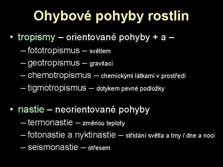 Ohybové pohyby rostlin • tropismy – orientované pohyby + a – – fototropismus – Ohybové pohyby rostlin • tropismy – orientované pohyby + a – – fototropismus –