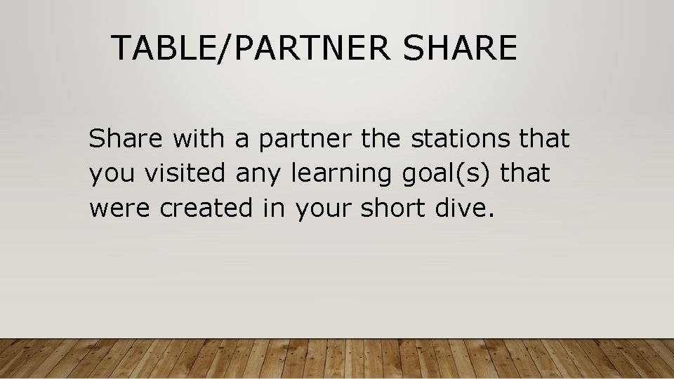 TABLE/PARTNER SHARE Share with a partner the stations that you visited any learning goal(s)