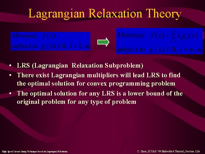 Lagrangian Relaxation Theory • LRS (Lagrangian Relaxation Subproblem) • There exist Lagrangian multipliers will