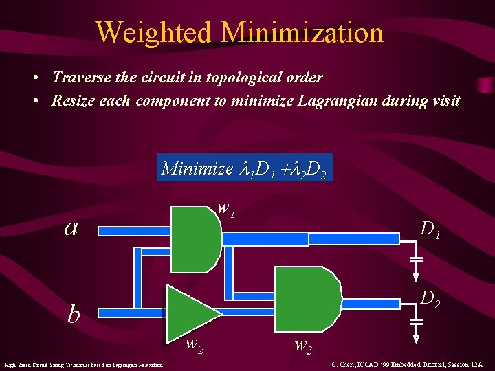 Weighted Minimization • Traverse the circuit in topological order • Resize each component to
