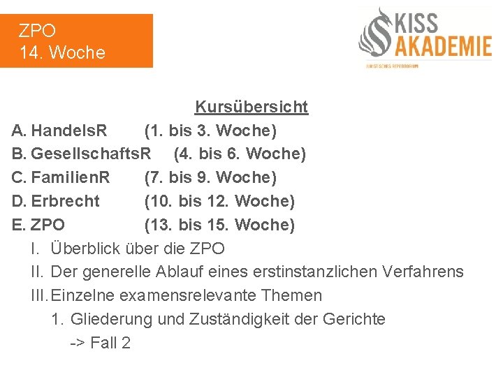 ZPO 14. Woche Kursübersicht A. Handels. R (1. bis 3. Woche) B. Gesellschafts. R