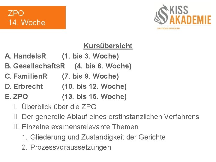 ZPO 14. Woche Kursübersicht A. Handels. R (1. bis 3. Woche) B. Gesellschafts. R