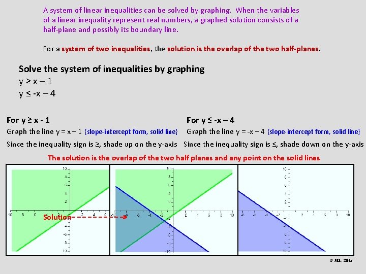 A system of linear inequalities can be solved by graphing. When the variables of