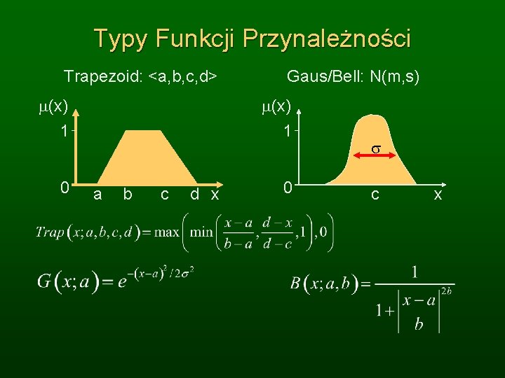 Typy Funkcji Przynależności Trapezoid: <a, b, c, d> (x) 1 0 Gaus/Bell: N(m, s)