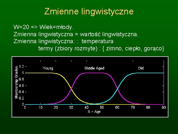 Zmienne lingwistyczne W=20 => Wiek=młody. Zmienna lingwistyczna = wartość lingwistyczna. Zmienna lingwistyczna: : temperatura