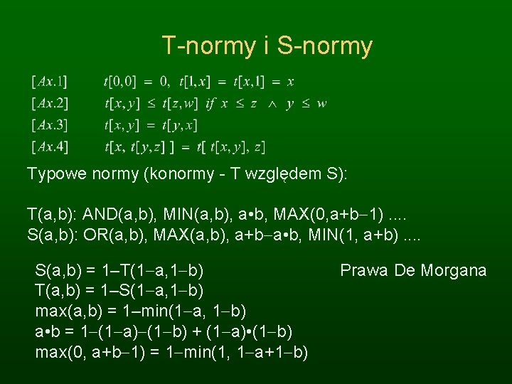 T-normy i S-normy Typowe normy (konormy - T względem S): T(a, b): AND(a, b),