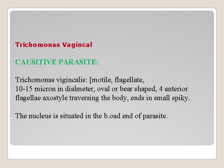 Trichomonas Vagincal CAUSITIVE PARASITE: Trichomonas vigincalis: [motile, flagellate, 10 -15 micron in dialmeter, oval