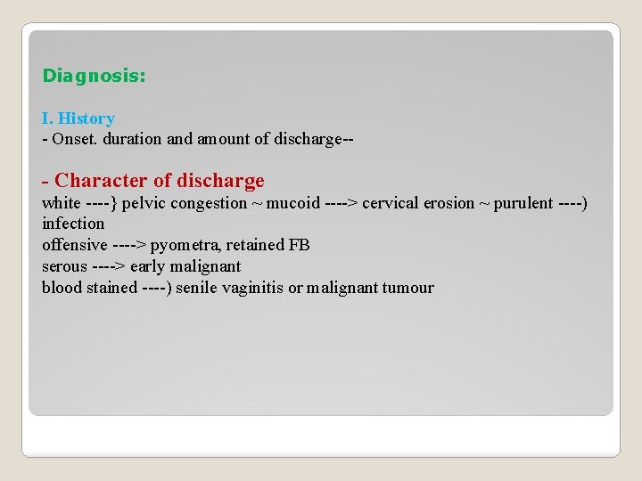 Diagnosis: I. History - Onset. duration and amount of discharge-- - Character of discharge