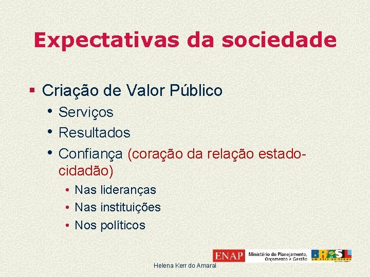 Expectativas da sociedade § Criação de Valor Público • Serviços • Resultados • Confiança