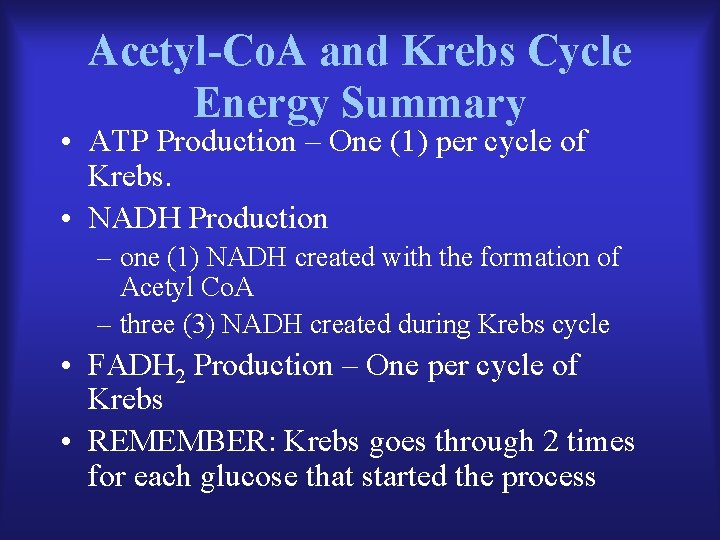 Acetyl-Co. A and Krebs Cycle Energy Summary • ATP Production – One (1) per