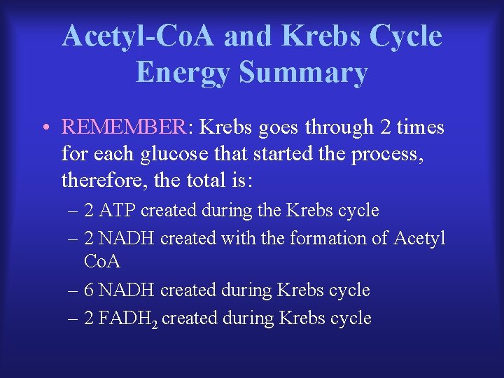 Acetyl-Co. A and Krebs Cycle Energy Summary • REMEMBER: Krebs goes through 2 times