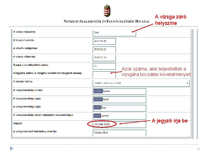 A vizsga záró helyszíne Azok száma, akik teljesítették a vizsgára bocsátás követelményeit A jegyző