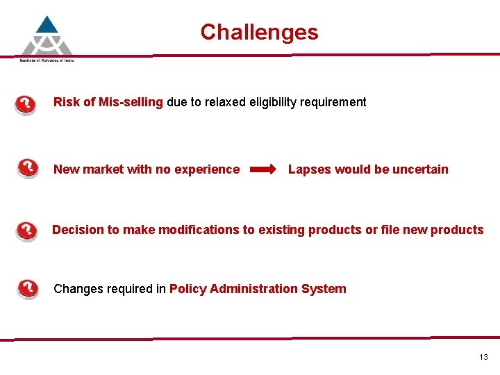 Challenges Risk of Mis-selling due to relaxed eligibility requirement New market with no experience