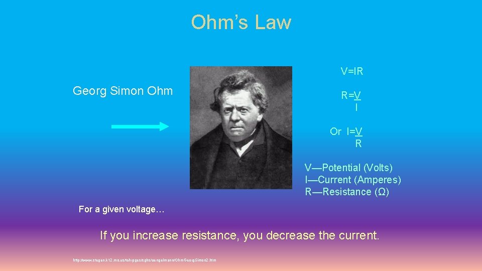 Ohm’s Law V=IR Georg Simon Ohm R=V I Or I=V R V—Potential (Volts) I—Current